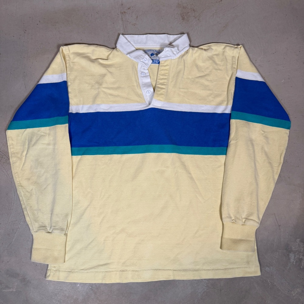 Vintage Lands End Authentic Rugby Shirt Yellow Blue Stripe Mens XL Made in USA